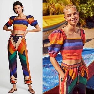 FARM RIO Linen Rainbow Striped Square Neck Smocked Puff Short Sleeve Crop Top XS